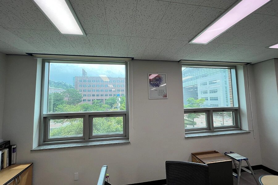 구미 대학교 사무실 창가, 산과 인접 건물이 보이는 창문